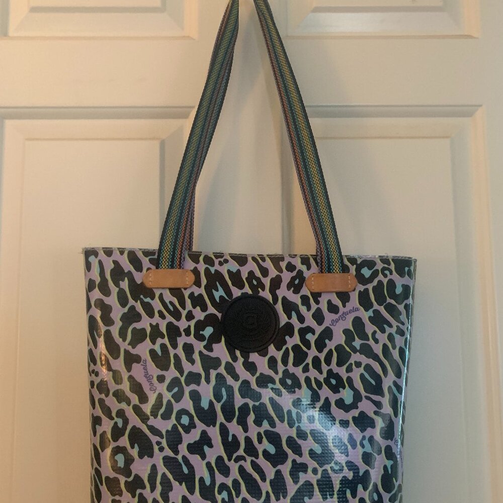 Consuela Leopard Print Tote with Purple and Black